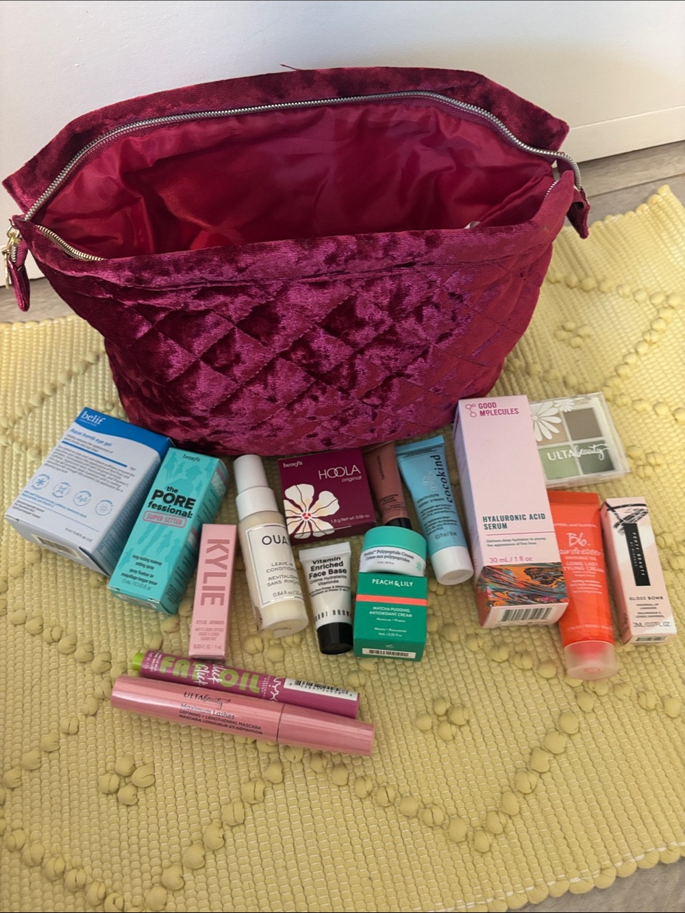 Beauty Haul plus velvet bag and freebies.